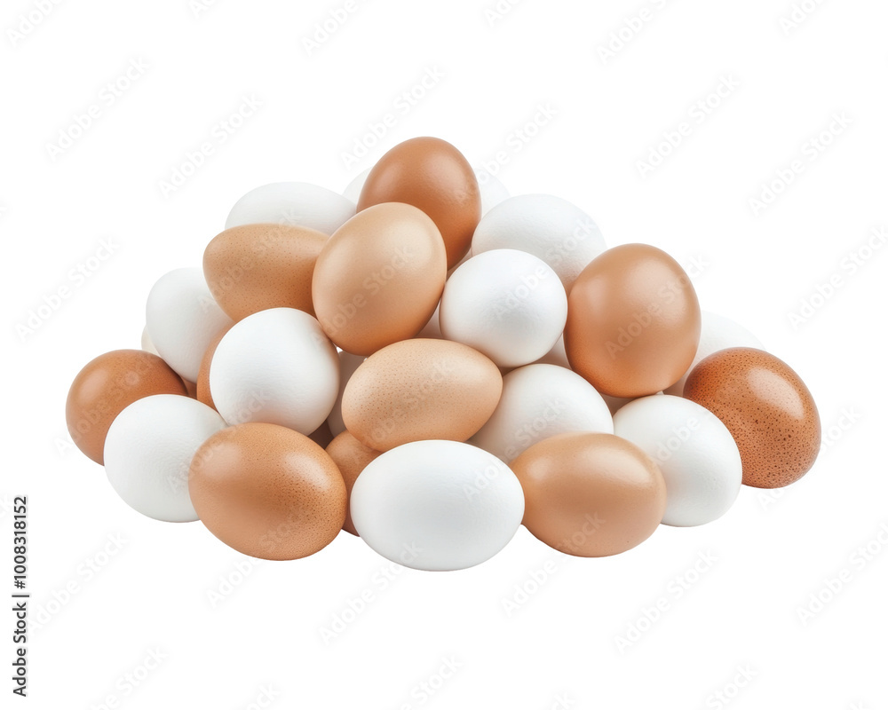A pile of brown and white eggs arranged together, showcasing their natural colors. A pile of brown and white eggs arranged together, showcasing their natural colors.