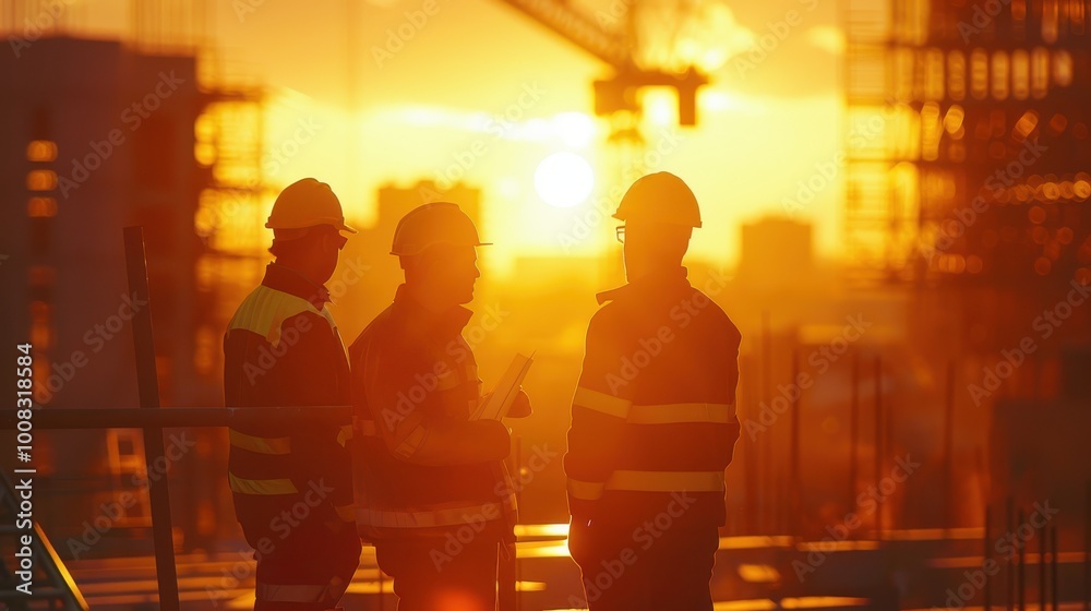 Fototapeta premium Silhouetted construction workers at sunset on a building site.