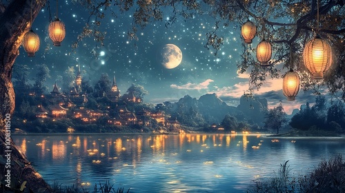 Beautiful fantasy lake with lanterns hanging from the trees photo