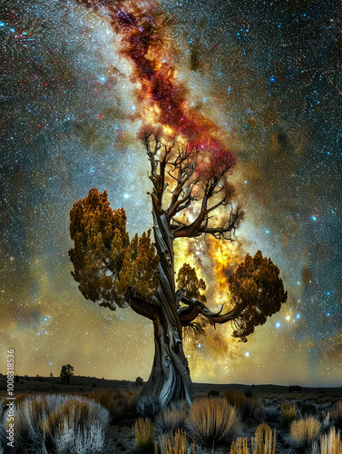 Magical night sky. A stunning view of the night sky studded with stars and milky way over a tranquil field. Meteors fly by, creating an atmosphere of magic and tranquility.