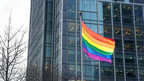 Pride flag waving outside a modern office building symbolizes inclusion and diversity in urban business environments, 4k footage