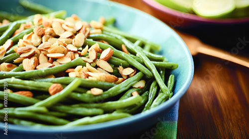 Green Bean Almondine: Fresh green beans sautéed with slivers of almonds and a touch of garlic, creating a crunchy and flavorful side dish.  photo