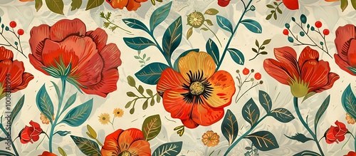 A colorful floral pattern with red flowers and green leaves