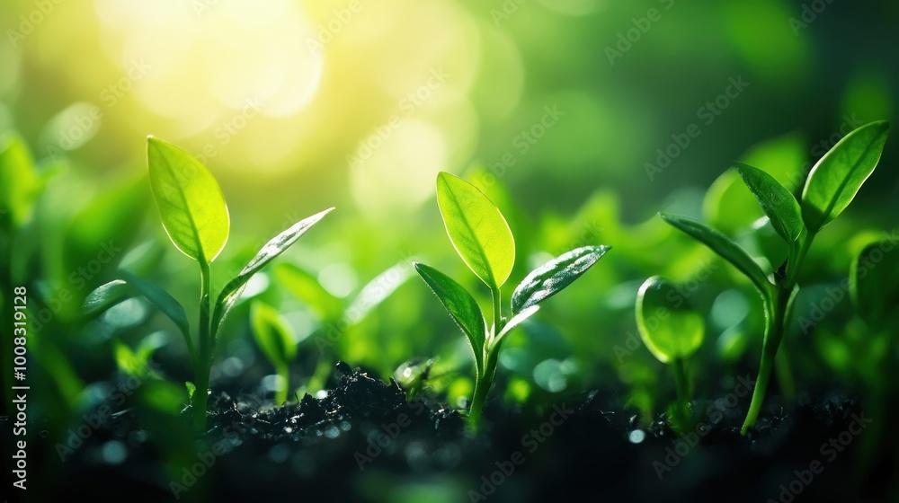 Closeup of green sprouts growing from dark soil in sunlight with blurred background. Closeup of green sprouts growing from dark soil in sunlight with blurred background.