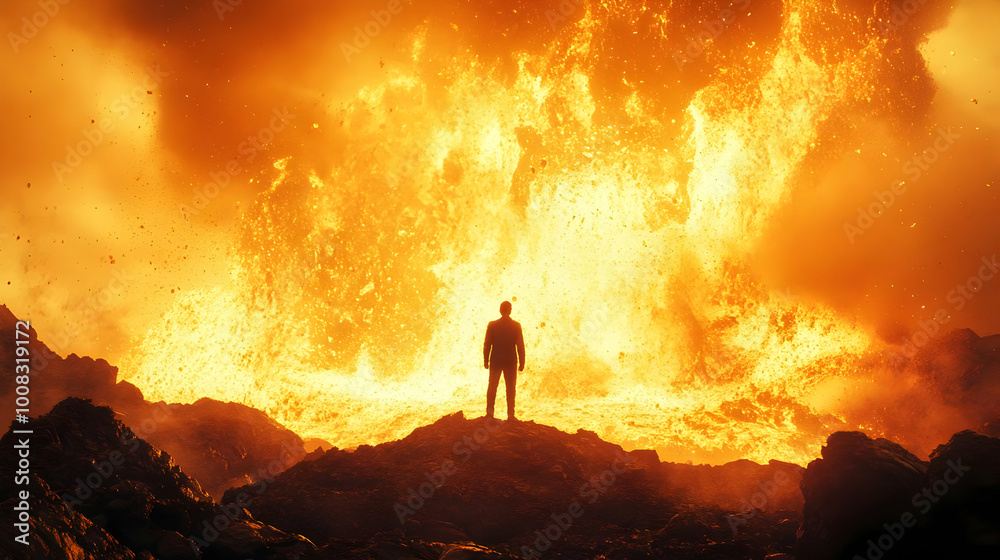 Fiery Volcano Eruption Illustration with Silhouette Fiery Volcano Eruption Illustration with Silhouette
