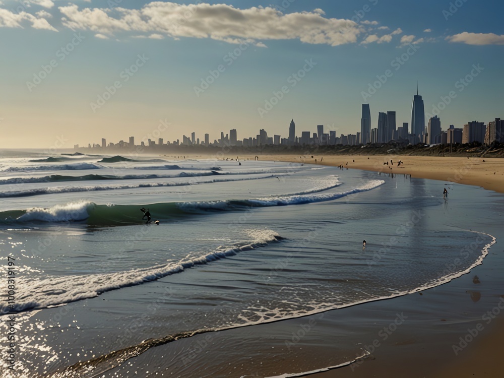 a beach with a city in the background and a city in the background. a beach with a city in the background and a city in the background.