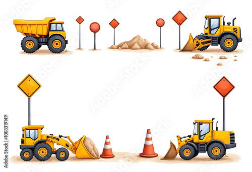 Road construction equipment. Road signs. Big set of ground works machines and vehicles. Loaders, bulldozer, tractor, scraper, grader, asphalt paver and mixer. Vector illustration. Icons. Flat style
 photo