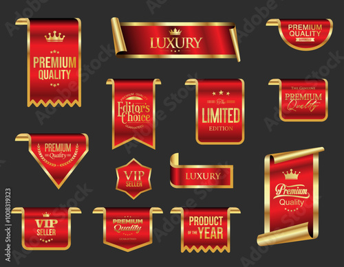 Gold and red luxury badges and labels premium quality certificate ribbon illustration 