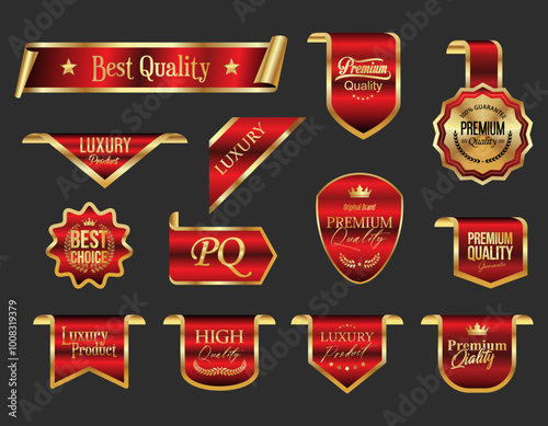 Gold and red luxury badges and labels premium quality certificate ribbon illustration 