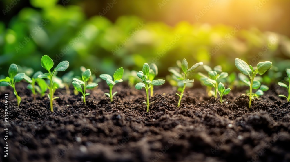 Green sprouts growing from the soil in the sunlight. Green sprouts growing from the soil in the sunlight.