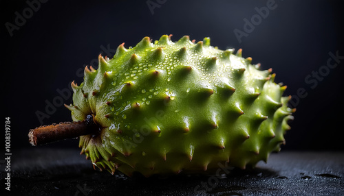 Close-up of fresh Soursop Fruit with water drops on a pitch black background photo