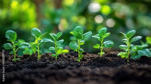 Five green seedlings grow in rich dark soil with a blurred green background.