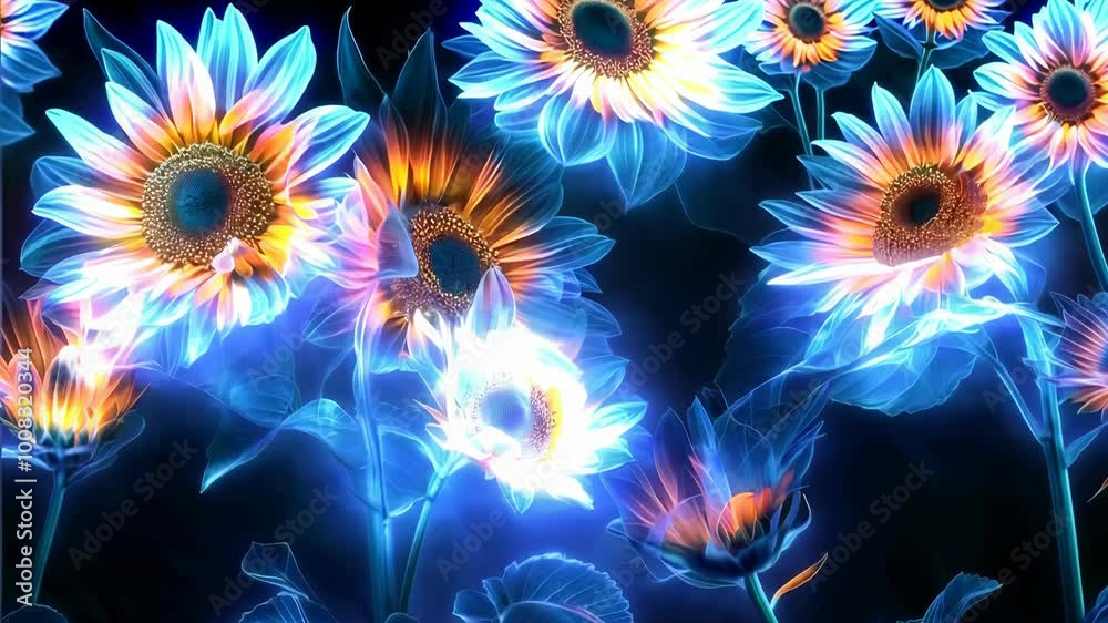 Neon glow sunflowers illuminated in vibrant colors under a starry night sky, showcasing mesmerizing digital art and futuristic floral fantasy, 4k footage Neon glow sunflowers illuminated in vibrant colors under a starry night sky, showcasing mesmerizing digital art and futuristic floral fantasy, 4k footage