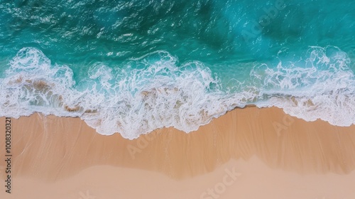 Aerial View of Turquoise Waves on Sandy Beach