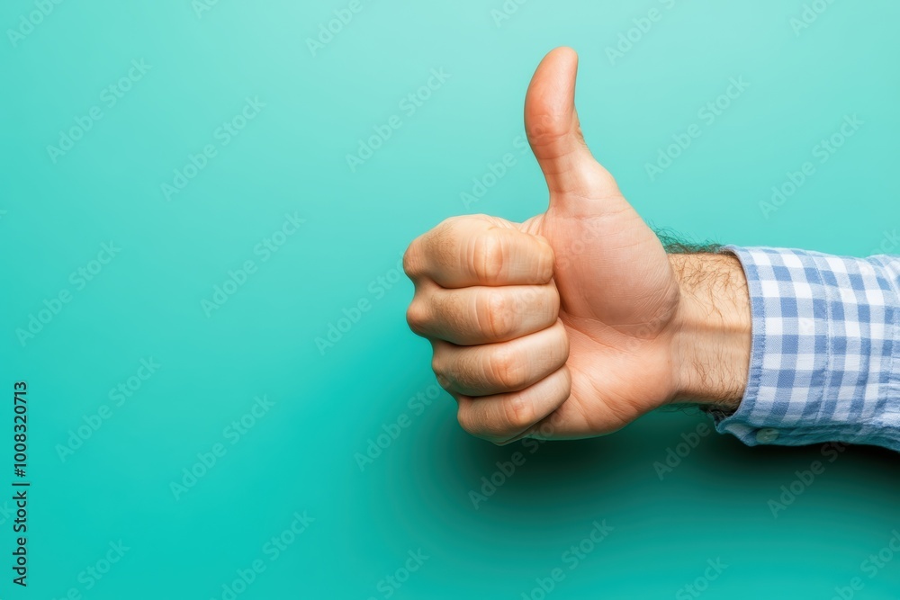 Close-up of thumbs up gesture on teal background Close-up of thumbs up gesture on teal background