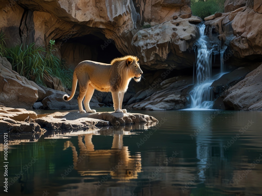 Naklejka premium a lion stands on a rock in front of a waterfall.