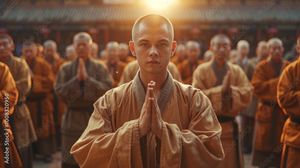Naklejka premium Caucasian monk learning martial arts from an old master monk in a Chinese monastery at sunset