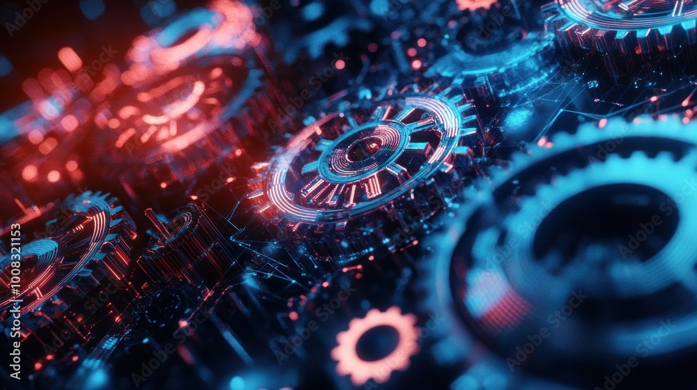 Close-up of metallic gears illuminated in red and blue light. Close-up of metallic gears illuminated in red and blue light.