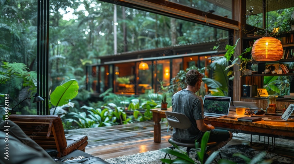 Naklejka premium A man works from home with a view of nature outside an open window. The concept of remote work, freelancing
