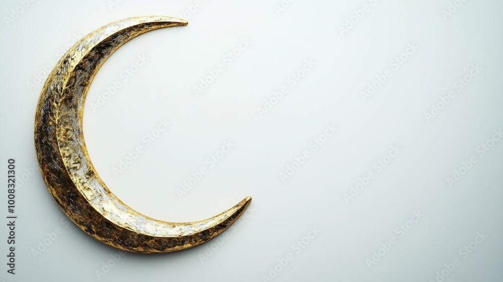 A decorative golden crescent moon against a light background, evoking a serene atmosphere. A decorative golden crescent moon against a light background, evoking a serene atmosphere.