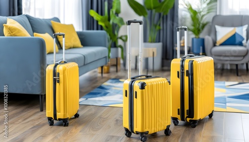 Bright yellow suitcases poised on hardwood floor in a contemporary living room, eager for vacation adventures