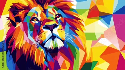 Colorful geometric lion portrait.