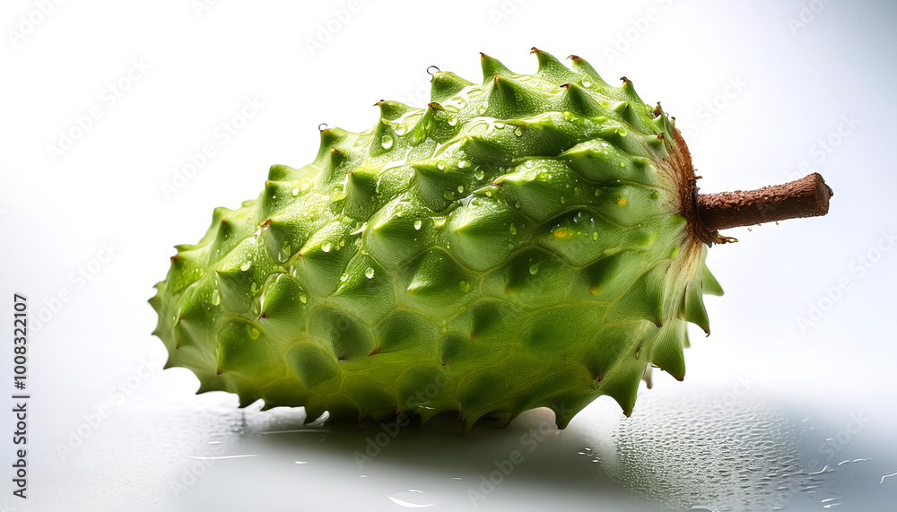 Close-up of fresh Soursop Fruit with water drops on a pitch white background Close-up of fresh Soursop Fruit with water drops on a pitch white background