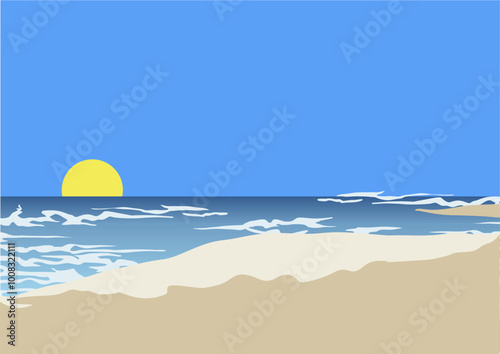 Summer beach. a cartoon illustration of a beach with a beach scene and the sun in the sky.