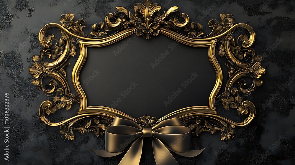 Golden Ornate Frame with a Black Bow 3D Illustration Golden Ornate Frame with a Black Bow 3D Illustration