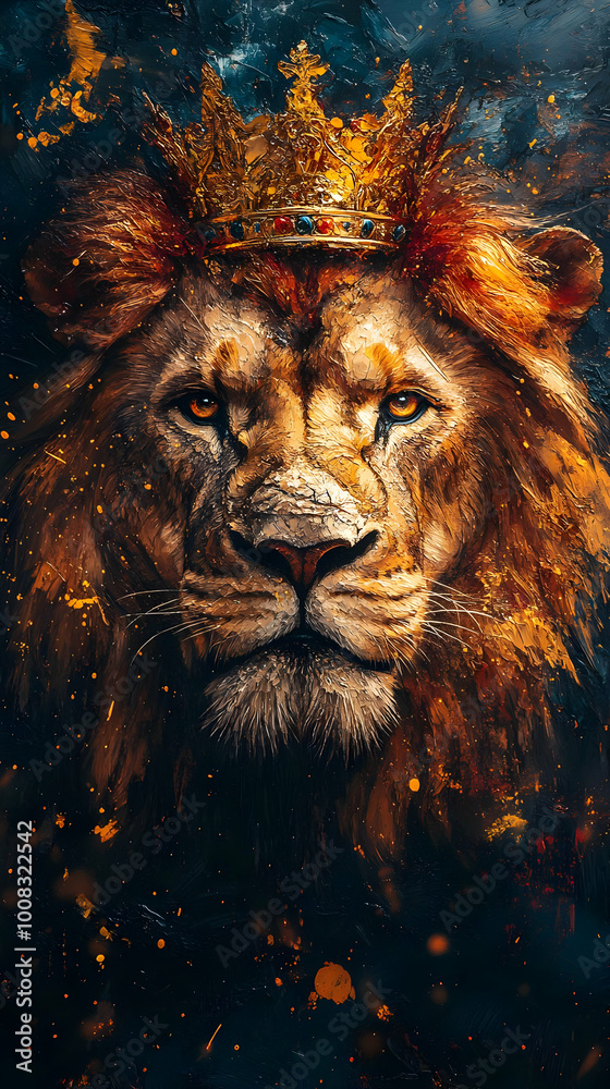 Golden Crowned Lion Illustration - Majestic Portrait Golden Crowned Lion Illustration - Majestic Portrait