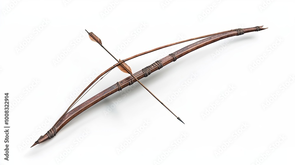 Wooden Bow and Arrow with Fletching Isolated on White Background Wooden Bow and Arrow with Fletching Isolated on White Background