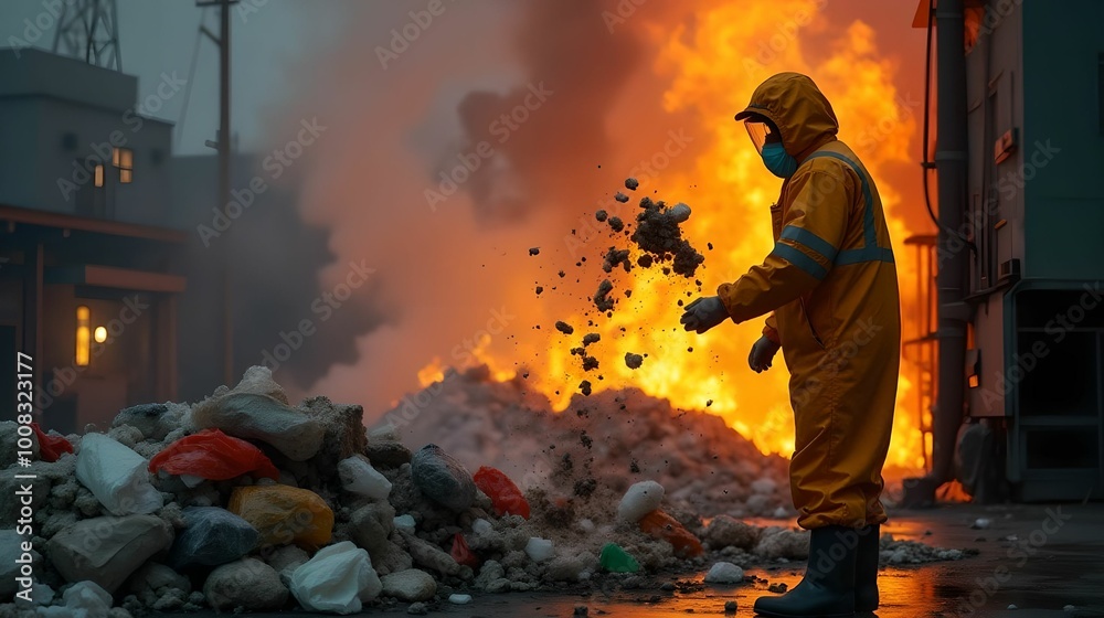 Firefighter man extinguishes a mountain of garbage Firefighter man extinguishes a mountain of garbage