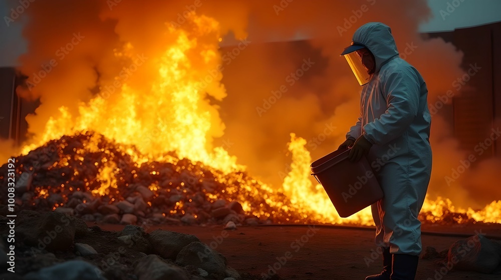 Firefighter man extinguishes a mountain of garbage Firefighter man extinguishes a mountain of garbage