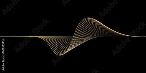 3D vector pattern of gold waves in a smooth curve, flowing dynamic golden gradient wavy lines isolated on black background concept of luxury, digital, AI, technology, communication, science, music