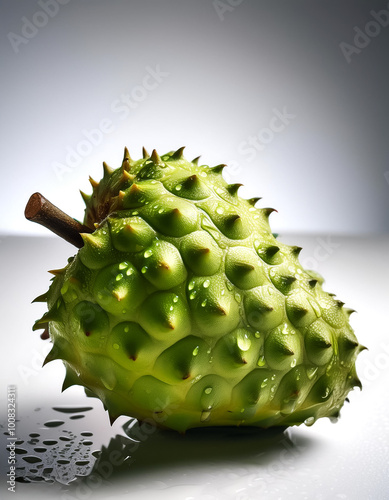 Close-up of fresh Soursop Fruit with water drops on a pitch white background photo