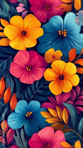 Lush tropical leaves and vibrant flowers showcased on a deep dark background