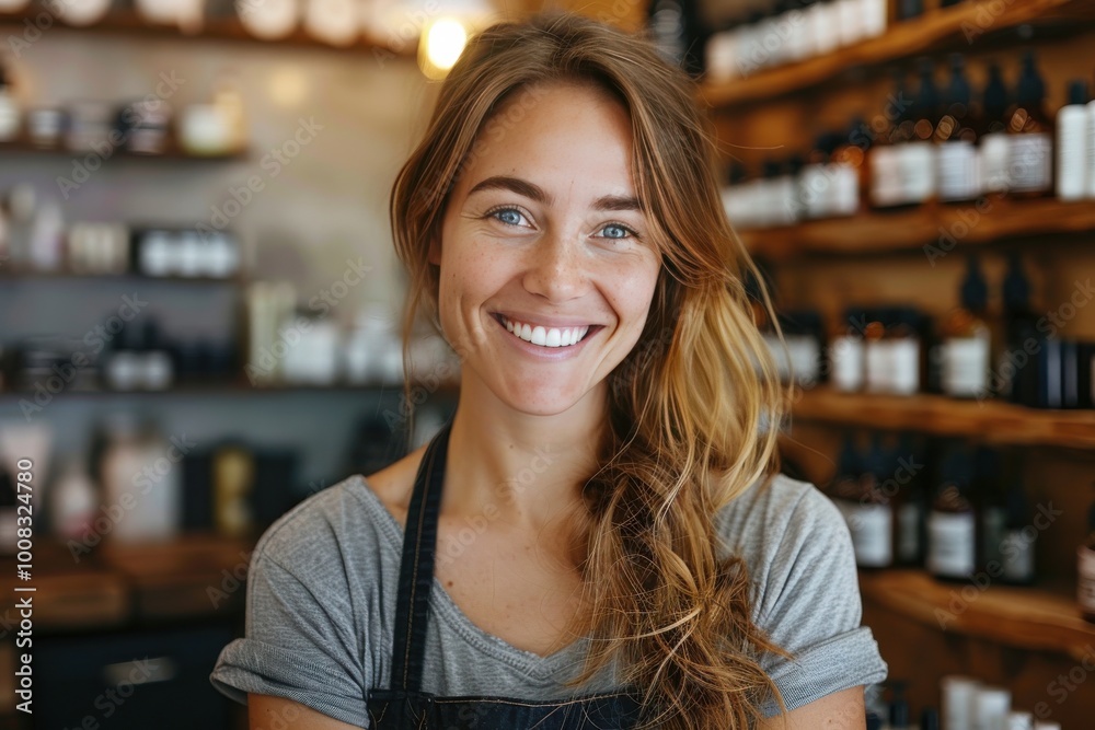 Young woman smiles warmly in herbal shop during daytime