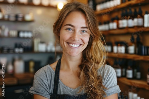 Obraz na płótnie Young woman smiles warmly in herbal shop during daytime w salonie