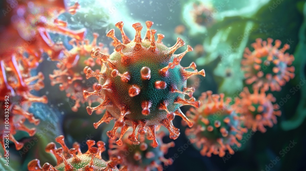 Fototapeta premium Close-up of a coronavirus with a green center and red spikes.