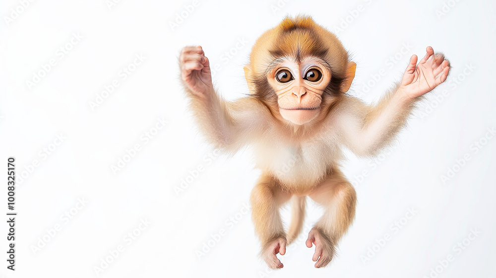 Fototapeta premium Adorable monkey floating in the sky against a white background, capturing whimsy and innocence in this delightful digital art piece.
