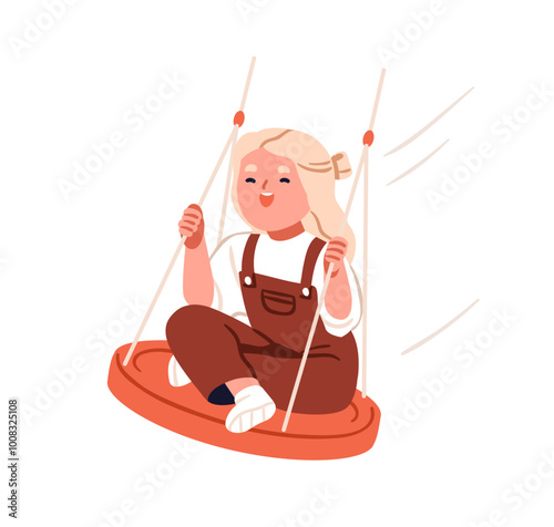Happy girl swinging on round disc seat on ropes, enjoying outdoor entertainment. Joyful excited child, fun emotions. Kid character at playground. Flat vector illustration isolated on white background