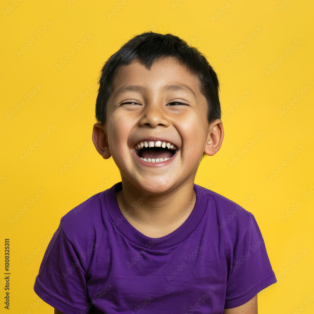 Joyful young schoolboy with black hair in a purple shirt laughing happily against a vibrant yellow background Joyful young schoolboy with black hair in a purple shirt laughing happily against a vibrant yellow background