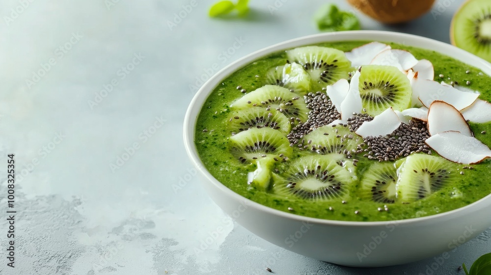 Obraz premium A smoothie bowl with vibrant toppings like kiwi, coconut, and chia seeds on a clean surface
