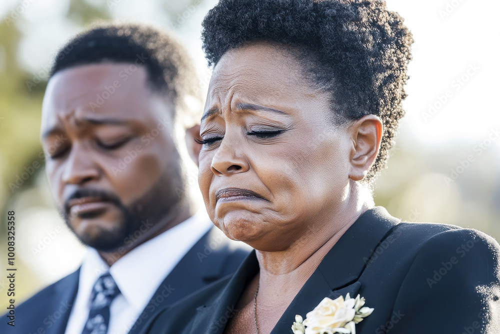 Middle-aged woman at funeral with short black hair at solemn event, expressing grief in formal attire, emphasizing emotion and reflection Middle-aged woman at funeral with short black hair at solemn event, expressing grief in formal attire, emphasizing emotion and reflection