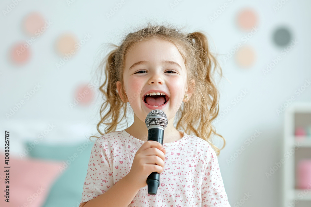 Young girl with special needs joyfully singing in her bedroom, displaying happiness and confidence while holding a microphone Young girl with special needs joyfully singing in her bedroom, displaying happiness and confidence while holding a microphone