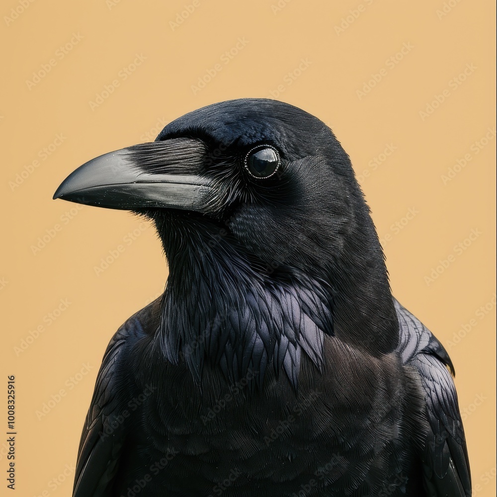 Fototapeta premium Portrait of a majestic crow in a studio setting against a neutral backdrop highlighting its glossy feathers and striking features