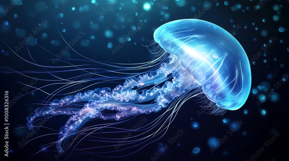 A glowing blue jellyfish with long tentacles floats in a dark, swirling, underwater environment. A glowing blue jellyfish with long tentacles floats in a dark, swirling, underwater environment.