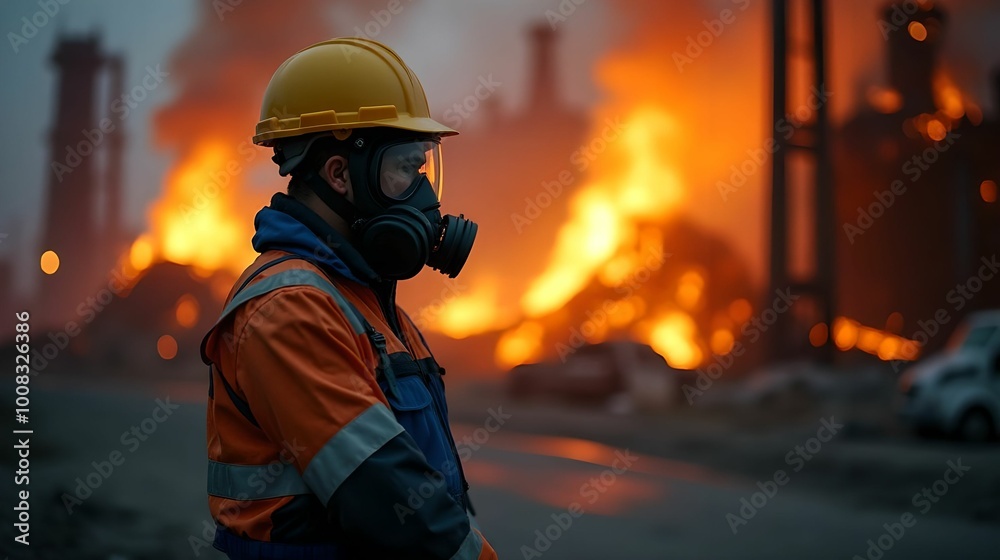Close up of a firefighter man with fire in the background Close up of a firefighter man with fire in the background