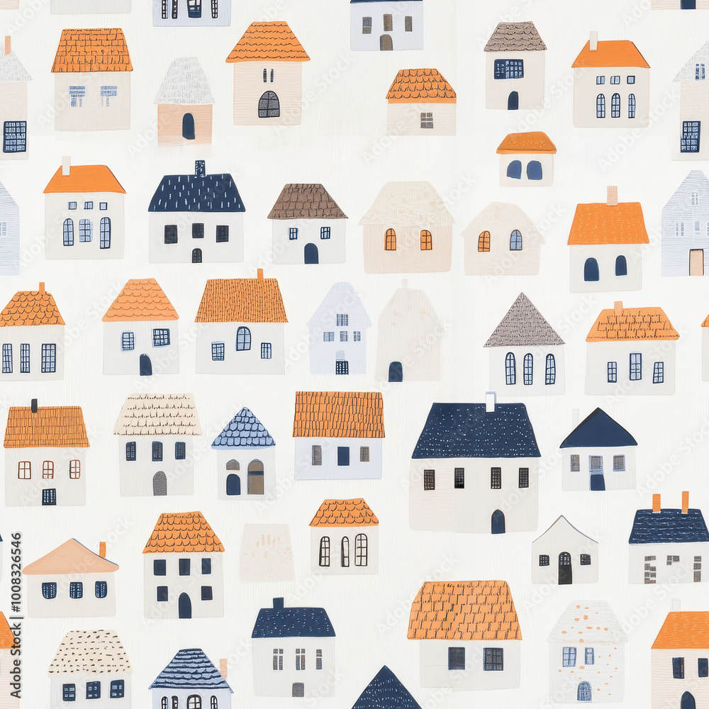 Seamless pattern of small medieval houses with orange roofs and beige walls in an artistic style Seamless pattern of small medieval houses with orange roofs and beige walls in an artistic style