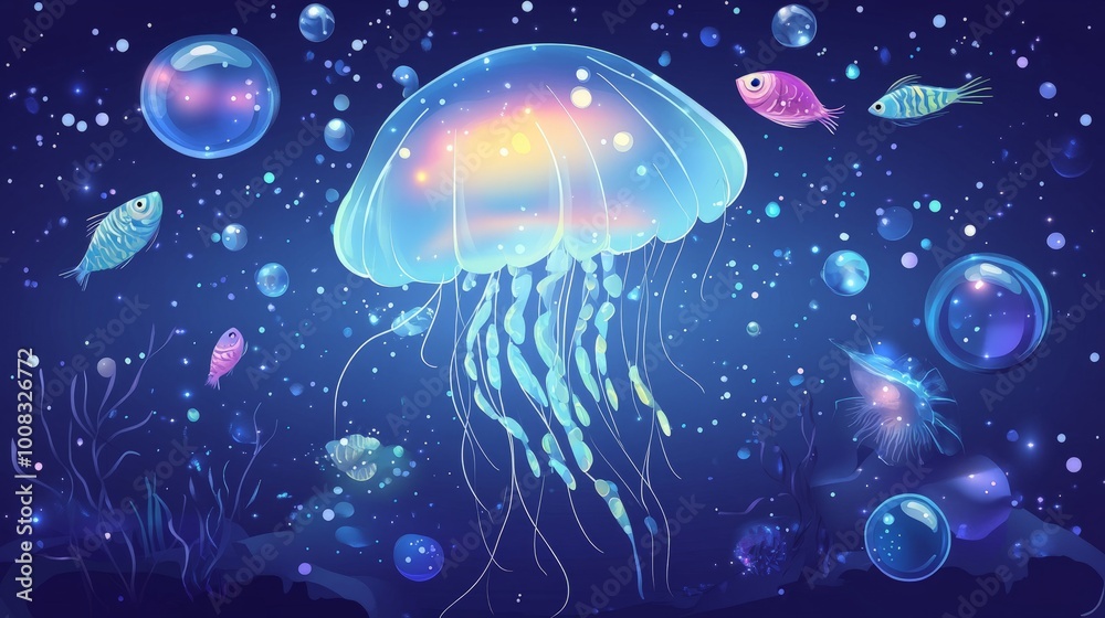 A glowing jellyfish swims in the dark blue ocean, surrounded by colorful fish and bubbles. A glowing jellyfish swims in the dark blue ocean, surrounded by colorful fish and bubbles.